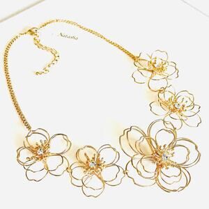 Natashia Gold Wire Flower Necklace 24" Graduated Dogwood Plumeria Crystals New
